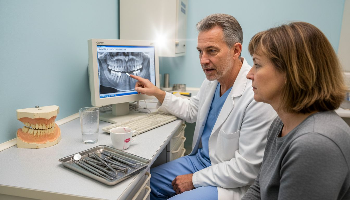 Der Zahnarzt bespricht gemeinsam mit seiner Patientin die Möglichkeiten eines Zahnimplantats und erklärt ihr Schritt für Schritt den Ablauf.