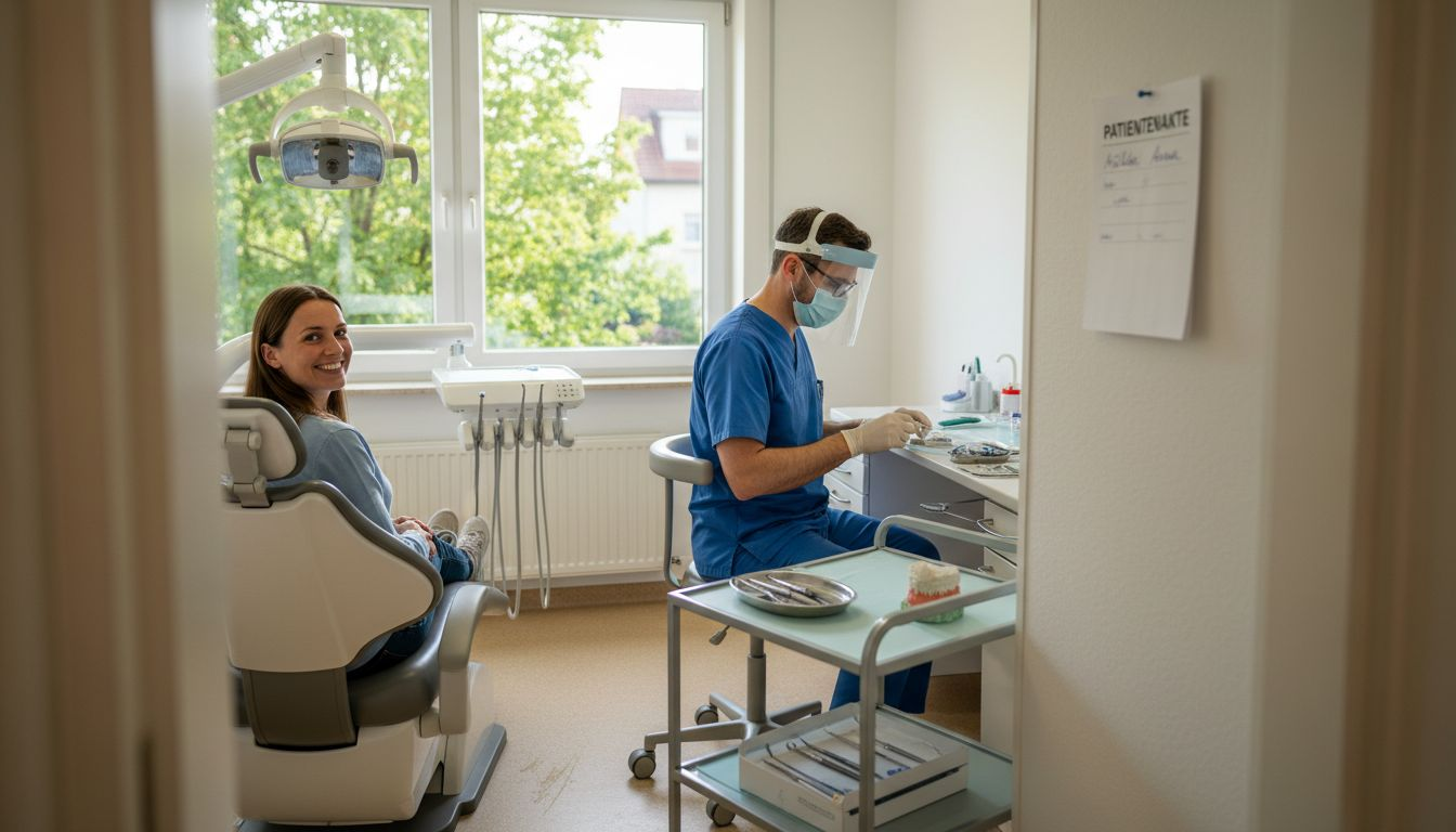 Ein Zahnarzt betreut eine Patientin in einer freundlich eingerichteten, lichtdurchfluteten Praxis.
