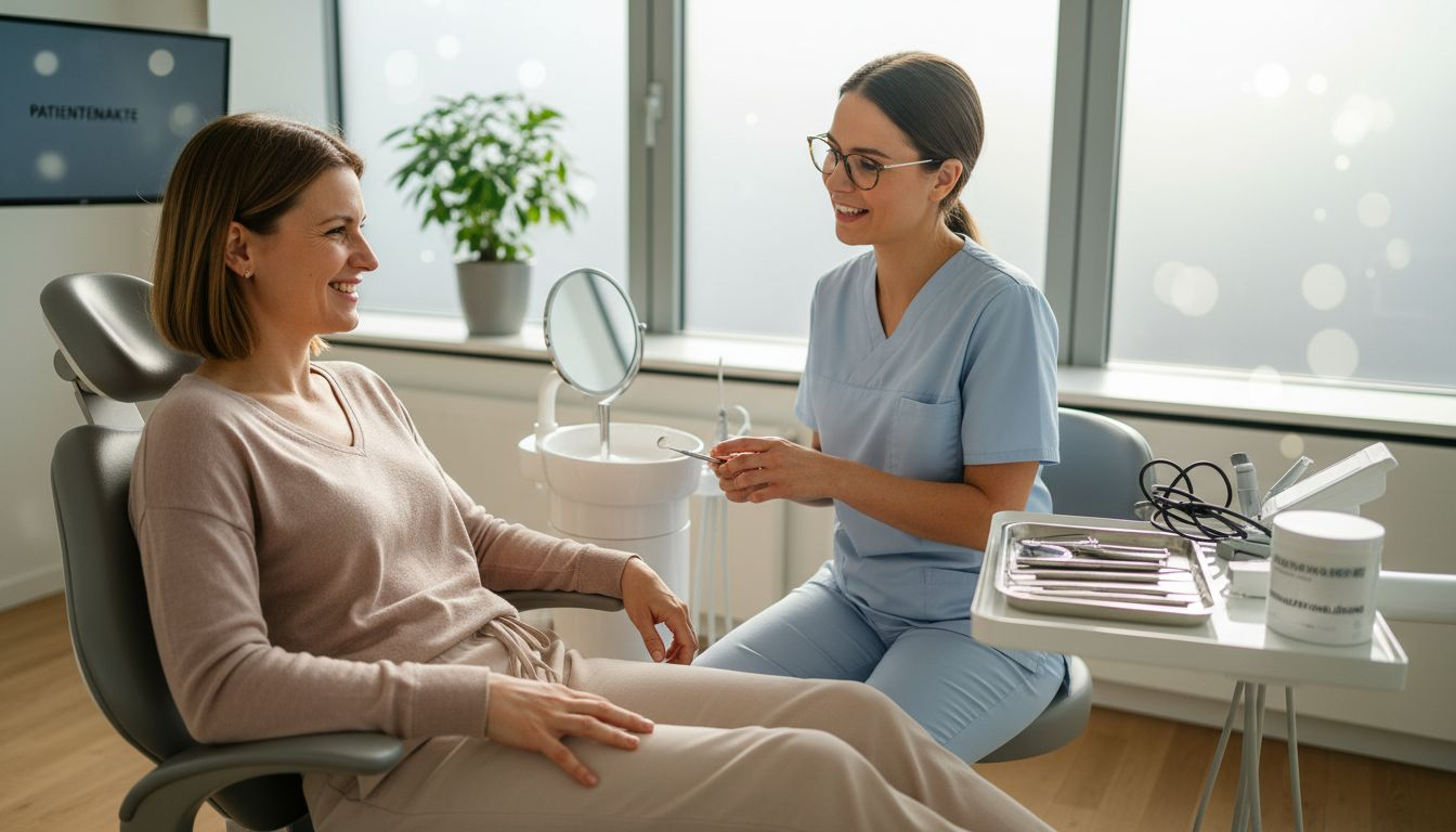 Ein Patient lächelt entspannt während einer Beratung zum Thema ästhetische Zahnbehandlung.