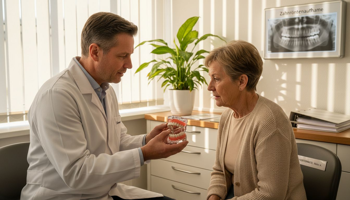 Eine Zahnärztin berät ihren Patienten ausführlich zum Thema Zahnersatz.