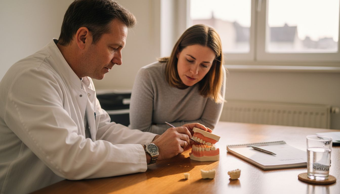 Im Beratungsgespräch erklärt der Zahnarzt dem Patienten anhand eines Zahnbrücken-Modells die Behandlungsmöglichkeiten.