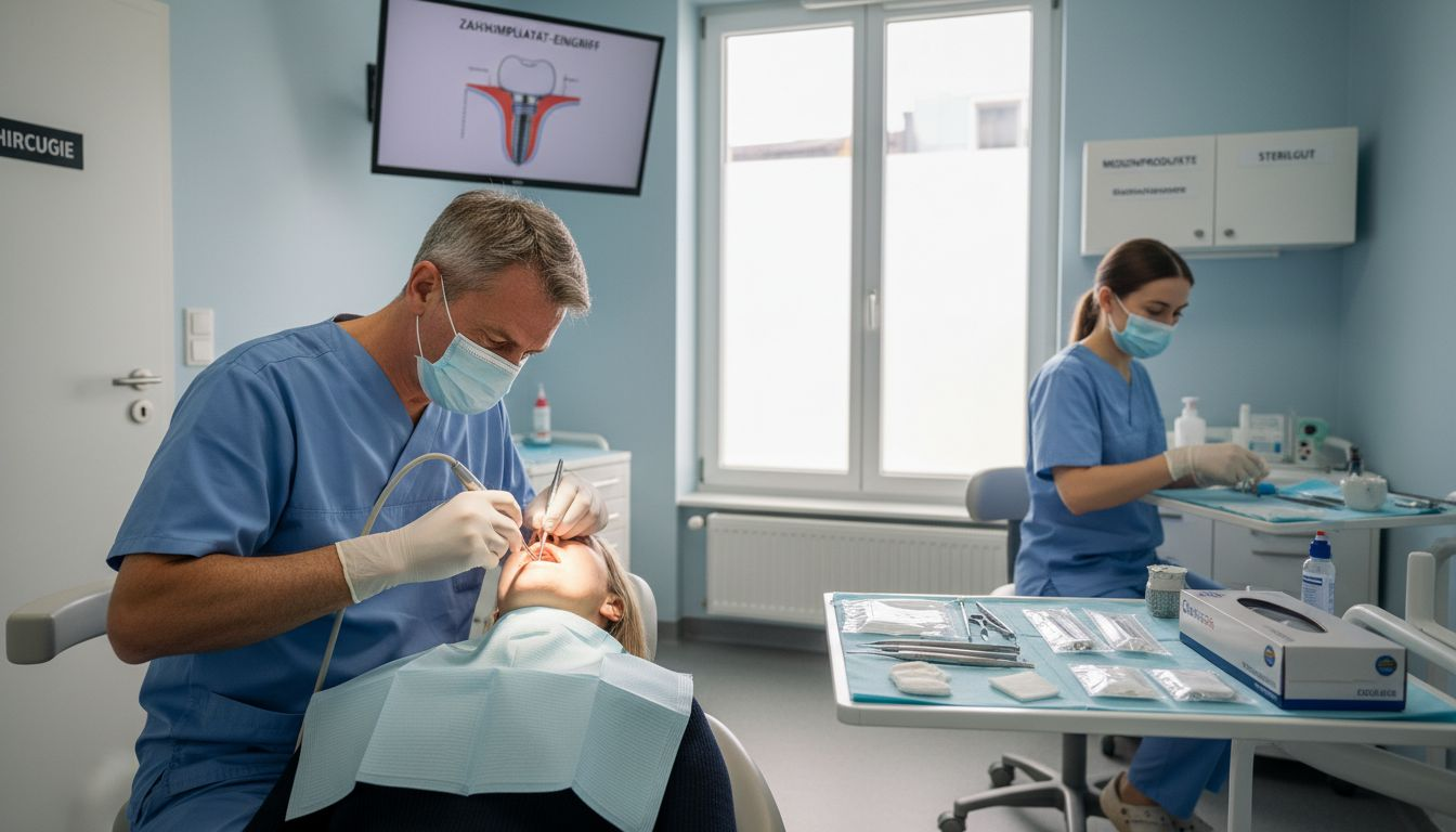 Ein Mundchirurg setzt gemeinsam mit seiner Assistentin ein Zahnimplantat ein.