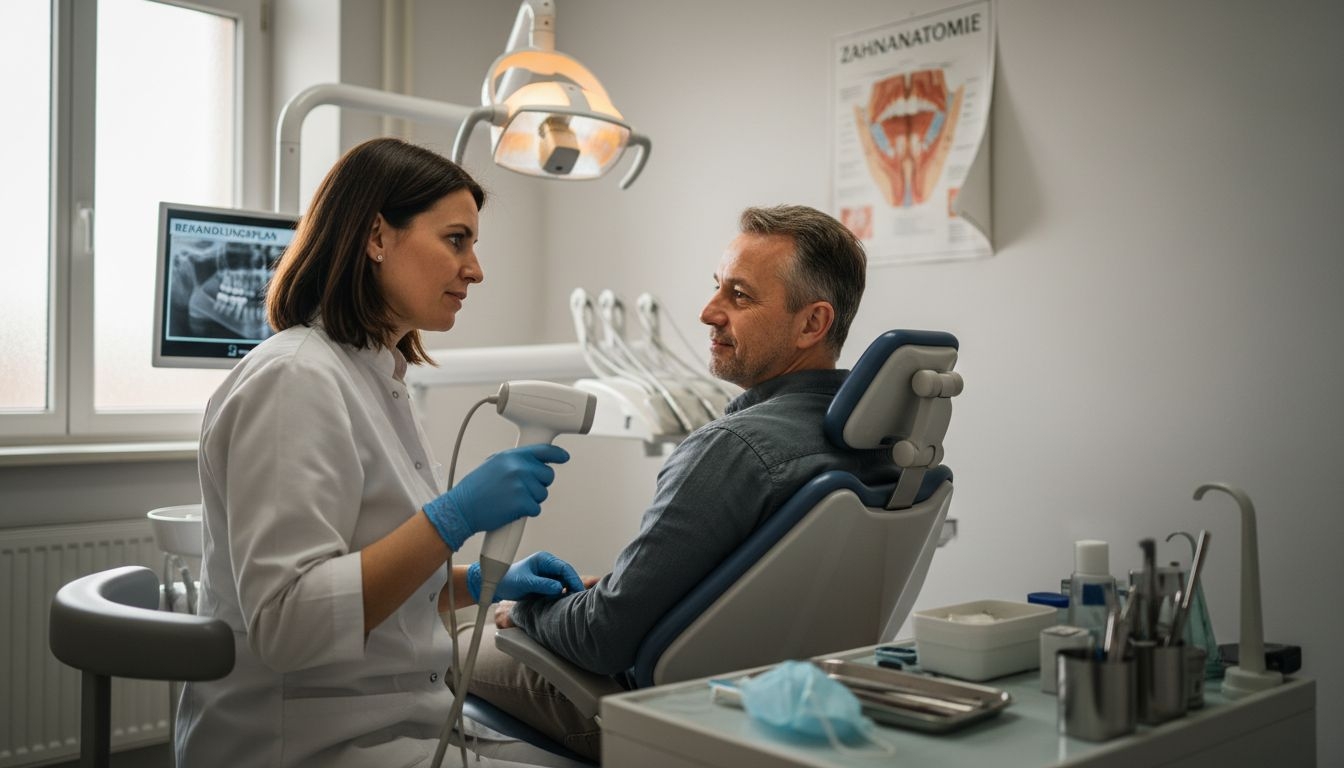 Der Zahnarzt erklärt dem Patienten, wie die Behandlung schmerzfrei abläuft.
