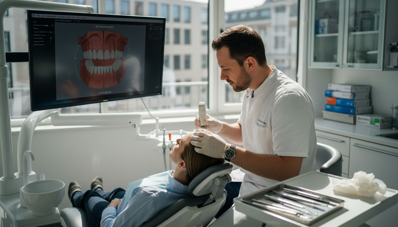 Eine Zahnärztin bedient einen modernen Intraoralscanner, während der Patient bequem auf dem Behandlungsstuhl liegt.