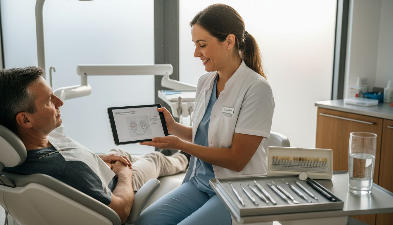 Im Gespräch zwischen Zahnarzt und Patient geht es heute um die Möglichkeiten der Zahnaufhellung. Der Zahnarzt erklärt die verschiedenen Methoden, beantwortet Fragen und berät den Patienten ausführlich, welche Behandlung am besten zu seinen Bedürfnissen passt.