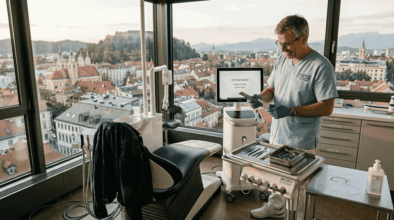 Eine Zahnärztin bereitet den Intraoralscanner in einer modernen Praxis in Ljubljana vor.