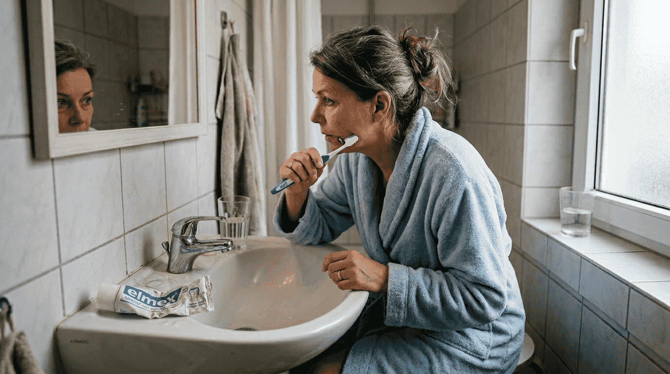 Eine Frau putzt am Waschbecken sorgfältig ihr Zahnimplantat.