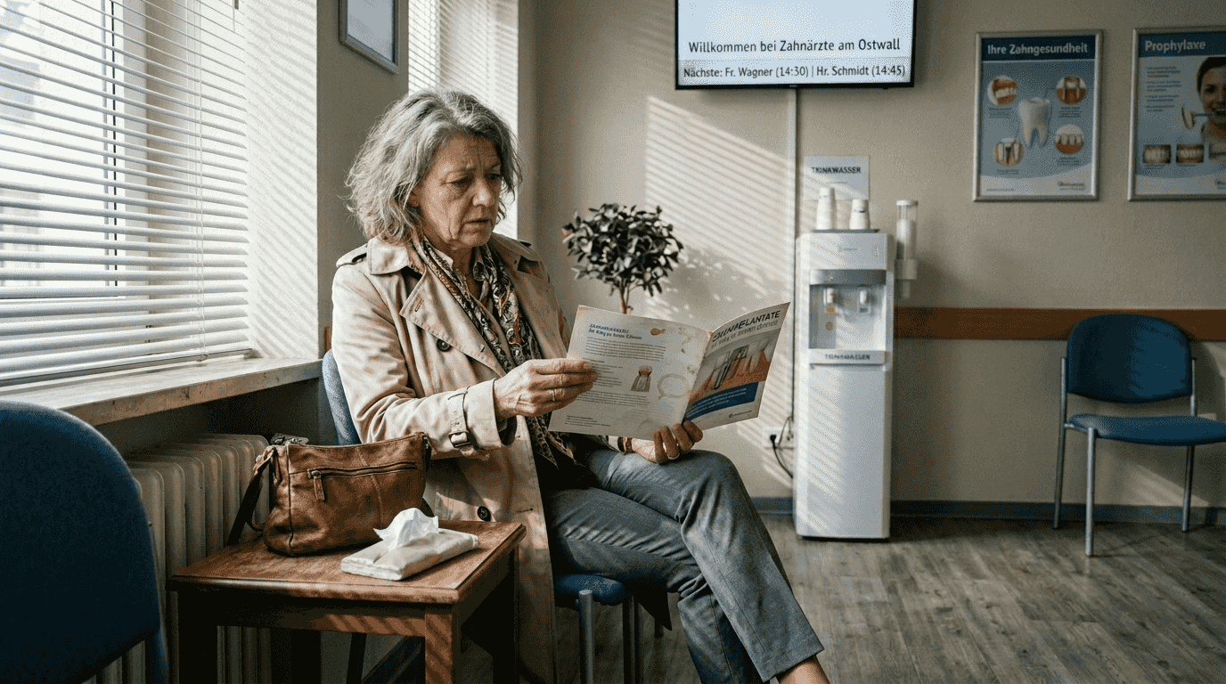 Eine Patientin sitzt im Wartebereich einer Zahnarztpraxis und wartet auf ihren Behandlungstermin.