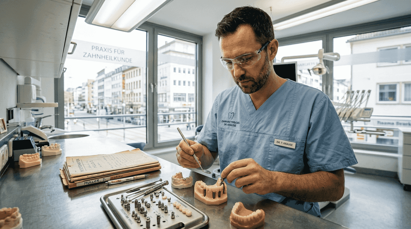 Zahnarzt in der Praxis mit verschiedenen Implantatmaterialien