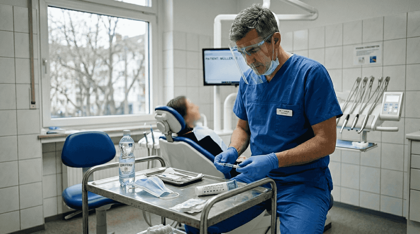 Der Zahnarzt trifft die nötigen Vorbereitungen für eine professionelle Zahnaufhellung.