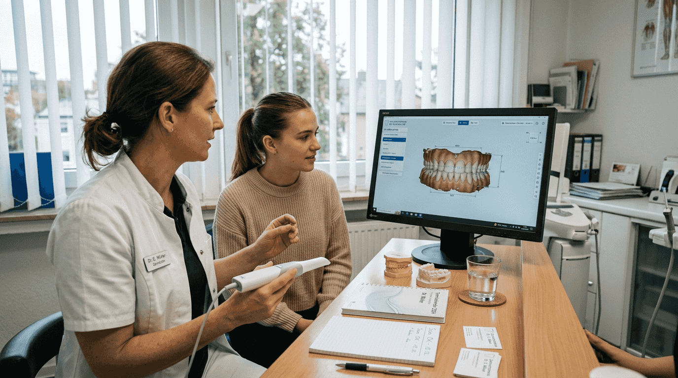 Der Zahnarzt bespricht mit dem Patienten den Behandlungsplan für die Aligner.