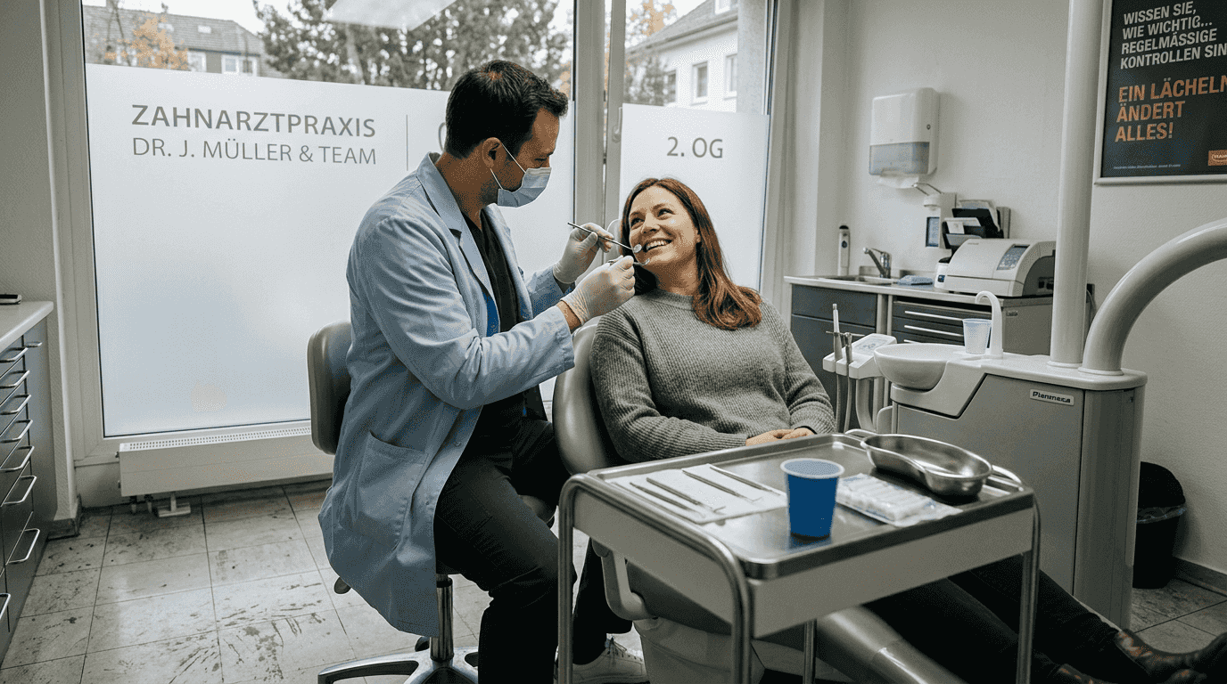 Eine junge Frau sitzt entspannt im Behandlungsstuhl, während der Zahnarzt ihr Lächeln untersucht.