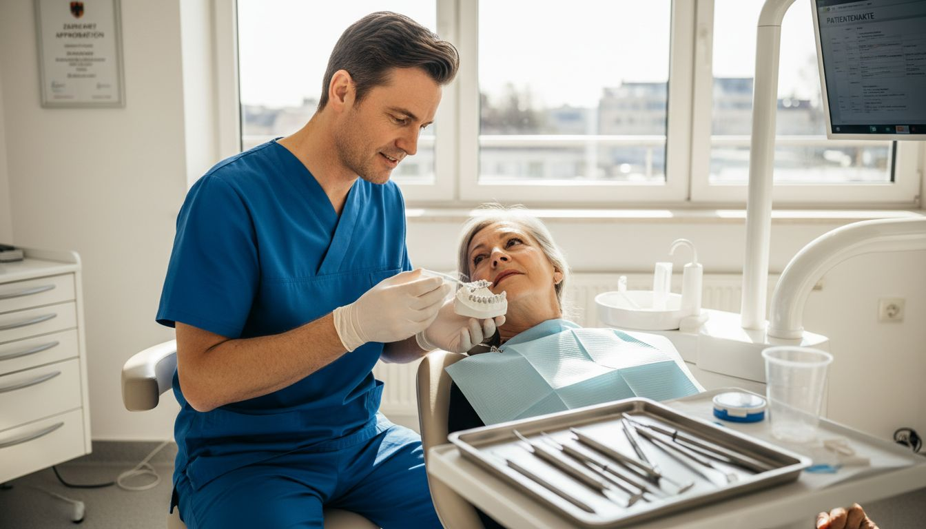 Der Zahnarzt erklärt seiner Patientin anschaulich anhand eines Implantat-Modells den Ablauf der Behandlung.