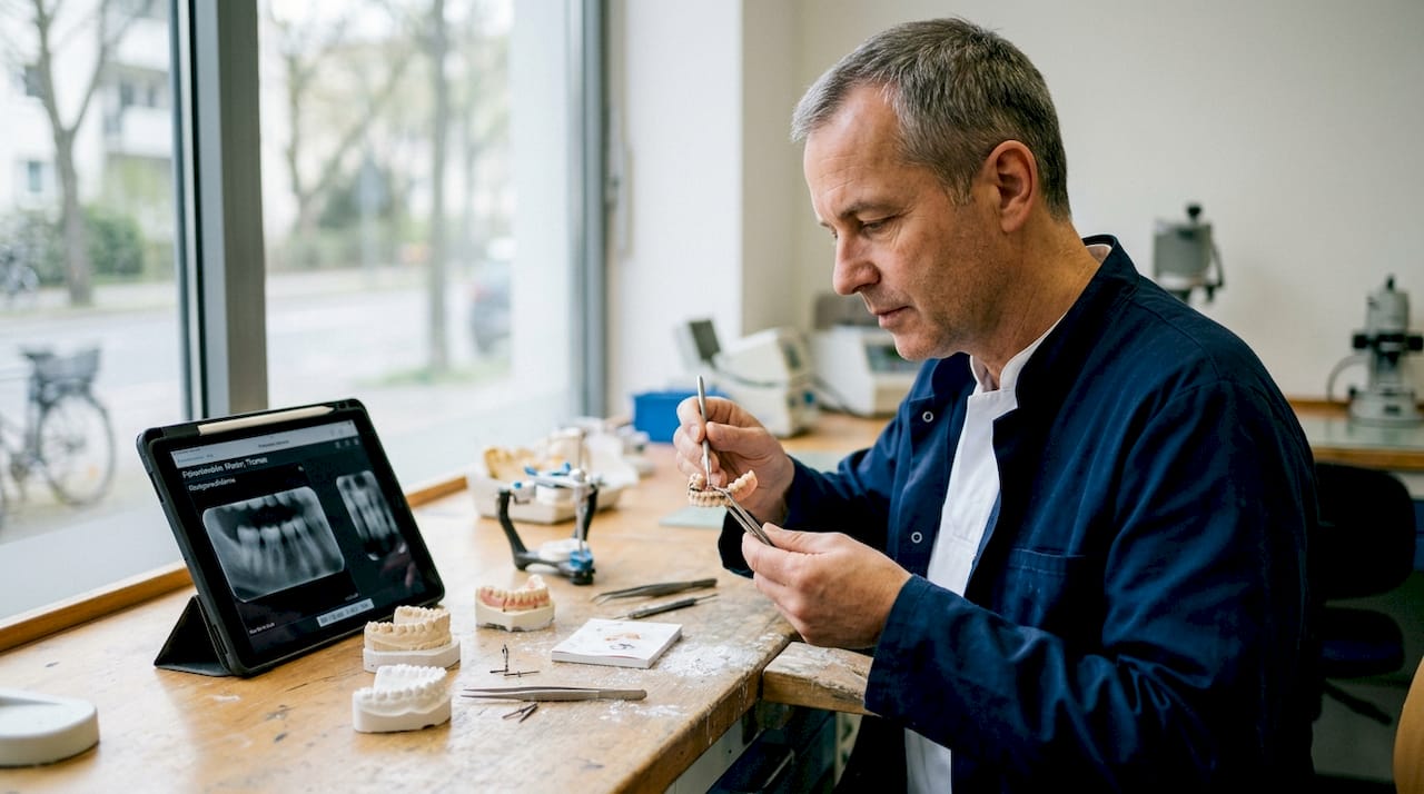 Ein Zahnarzt begutachtet Zahnersatz sorgfältig an seinem Labortisch.