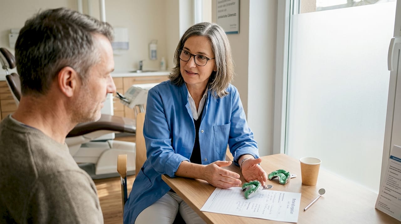 Der Zahnarzt berät seine Patientin über provisorische Lösungen für Zahnersatz.