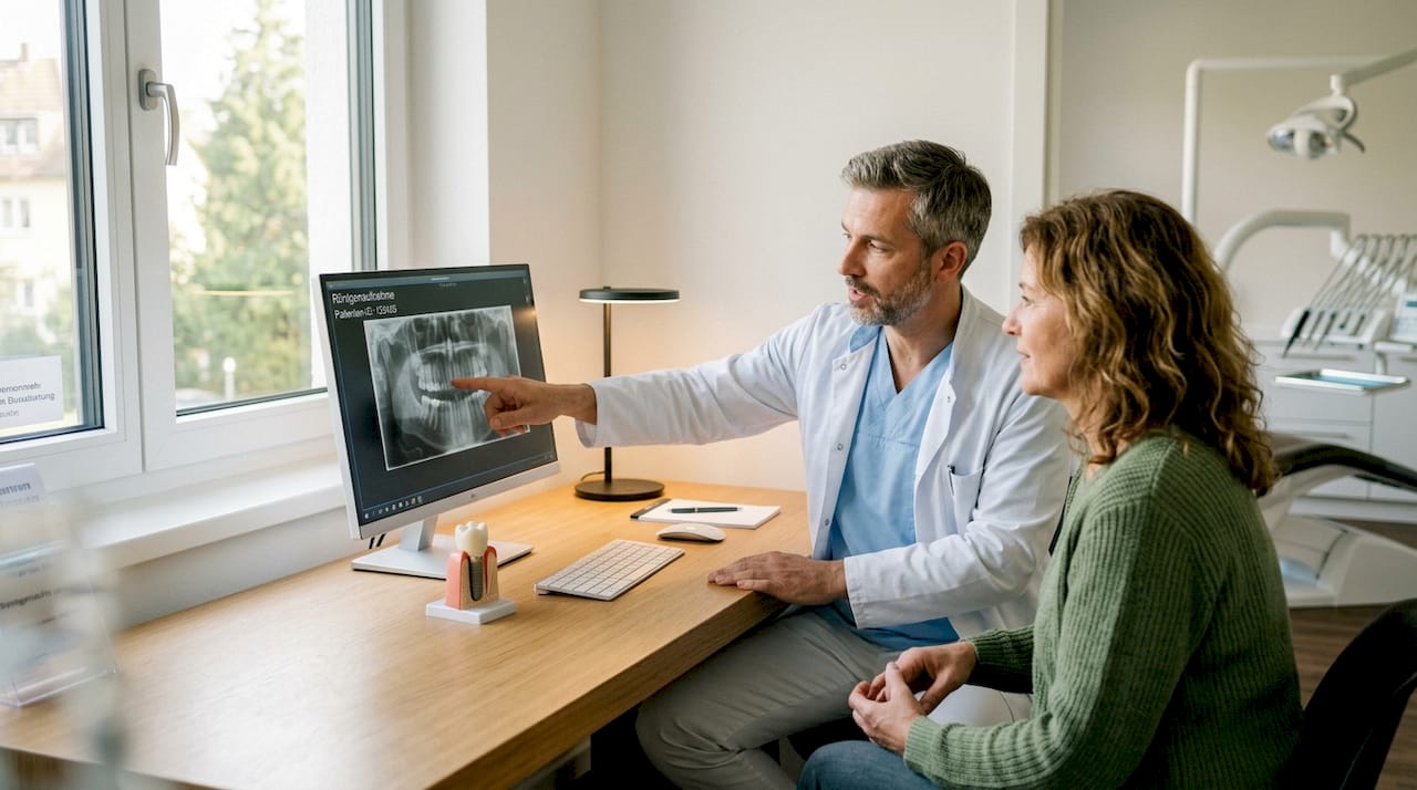 Der Zahnarzt führt ein Beratungsgespräch mit seinem Patienten über die Möglichkeiten und Vorteile von Zahnimplantaten.