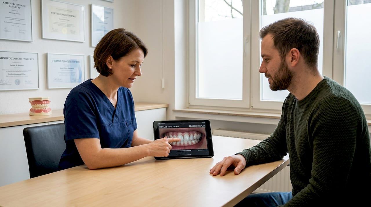 Der Zahnarzt berät eine Patientin zu Möglichkeiten der ästhetischen Zahnbehandlung.