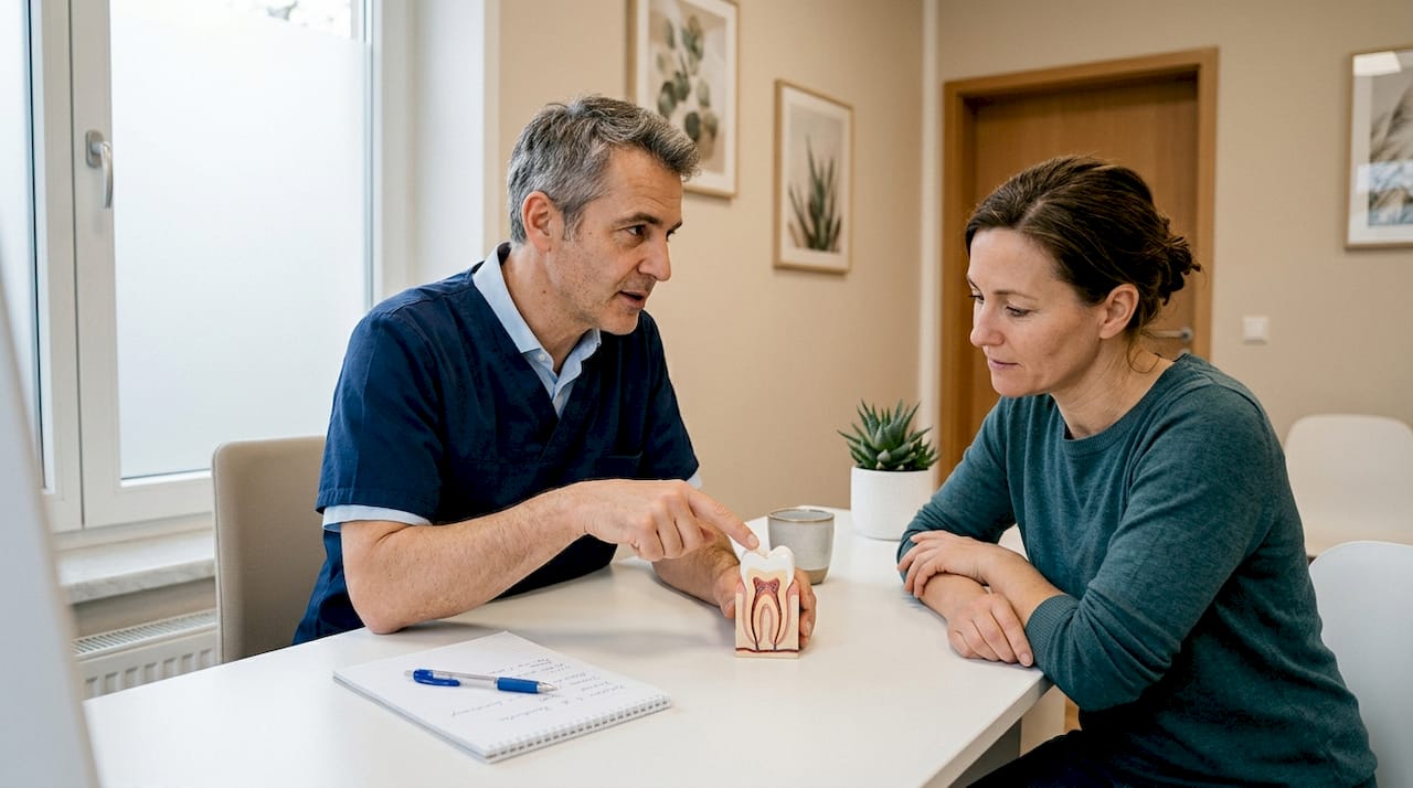 Der Zahnarzt informiert seine Patientin ausführlich über die verschiedenen Möglichkeiten für Zahnersatz.