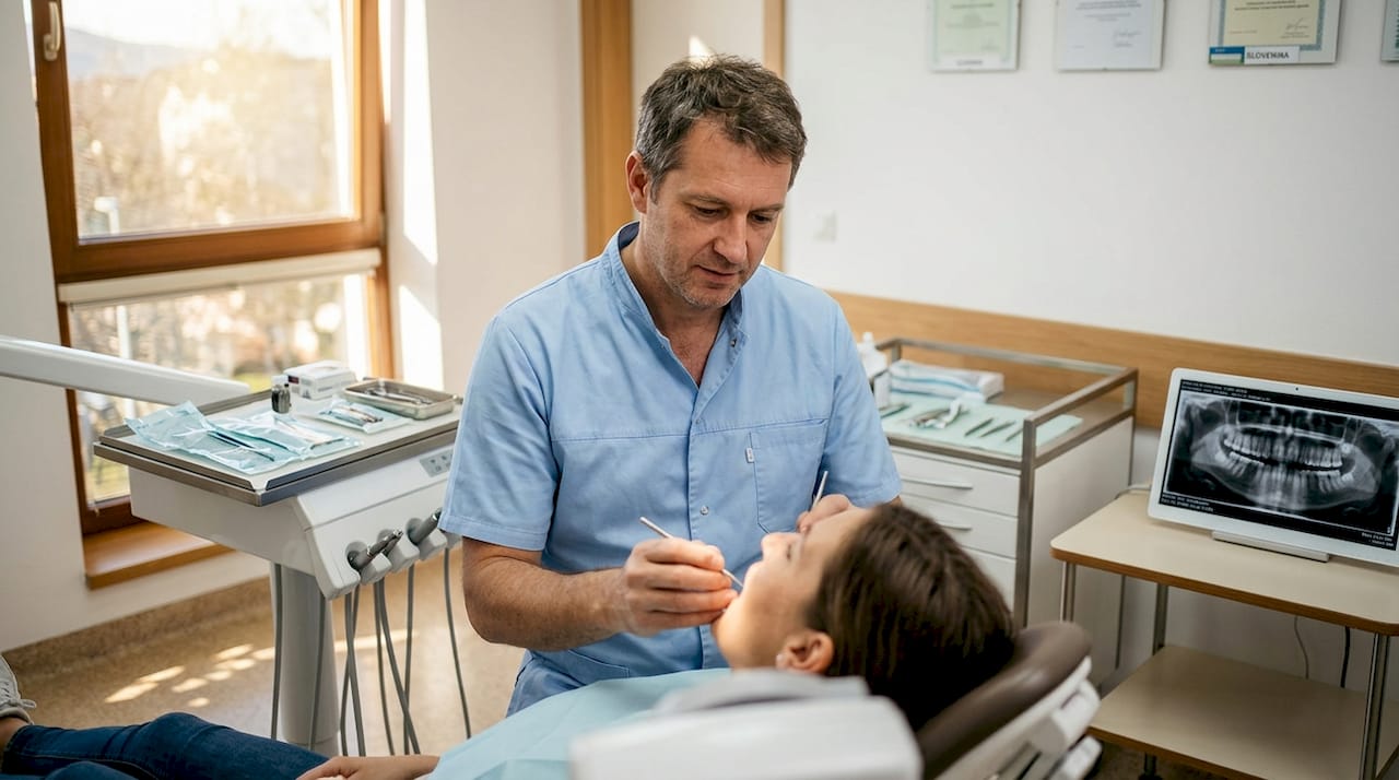 Ein Zahnarzt versorgt einen Patienten in einer slowenischen Praxis.