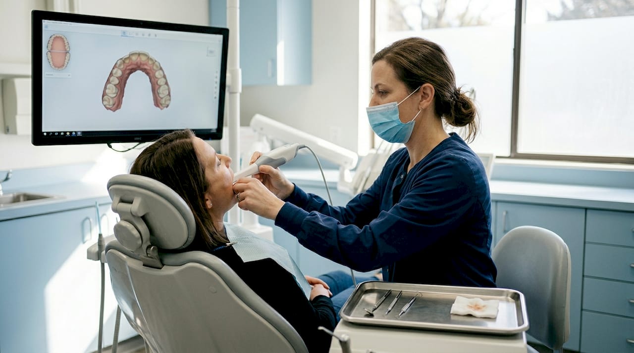 Der Zahnarzt fertigt mithilfe eines 3D-Scanners digitale Aufnahmen der Zähne an.