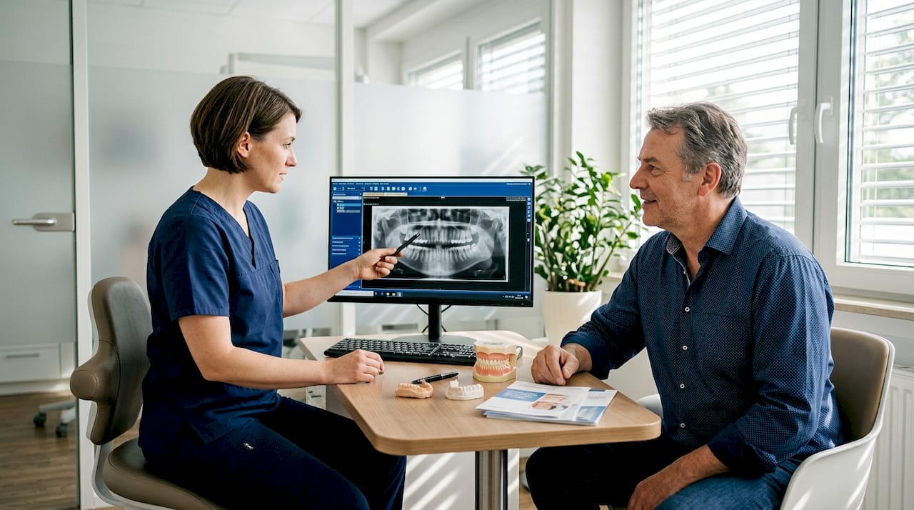 Der Zahnarzt bespricht gemeinsam mit seiner Patientin das Röntgenbild am Tisch.