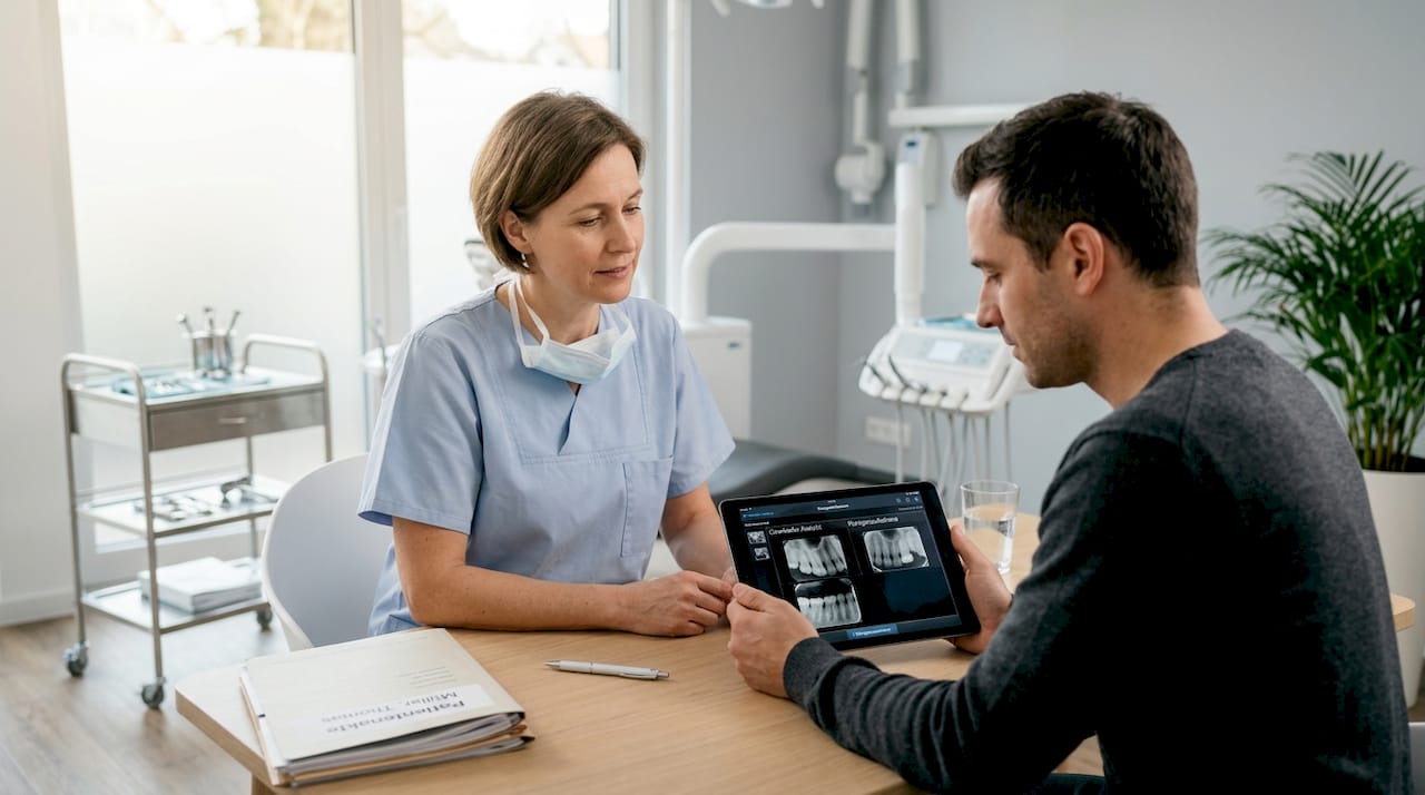 Zahnarzt berät Patientin zu Möglichkeiten der ästhetischen Zahnbehandlung.