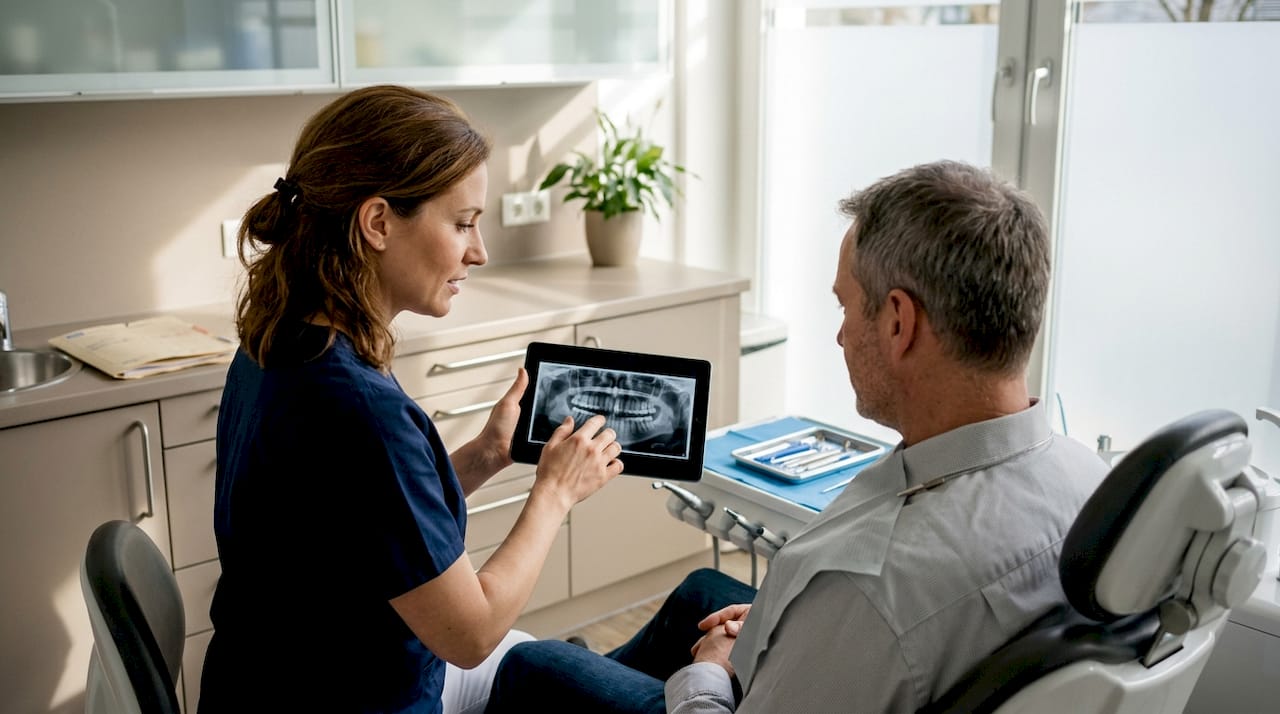 Der Zahnarzt erklärt dem Patienten, wie eine Implantatbrücke funktioniert.