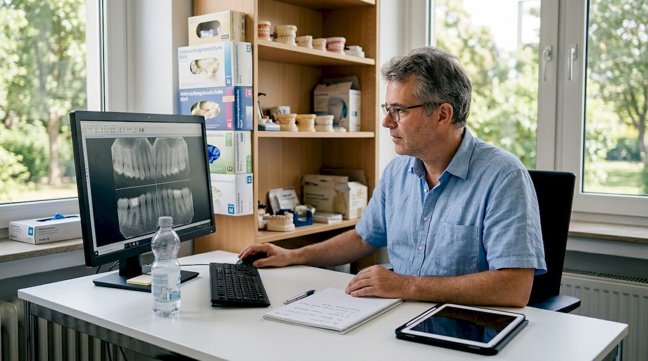 Eine Zahnärztin wirft in ihrer Praxis einen genauen Blick auf aktuelle Röntgenaufnahmen, um den Zustand der Zähne zu beurteilen.