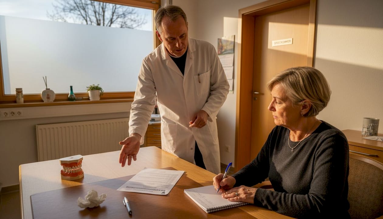 Der Zahnarzt bespricht mit seiner Patientin die geplanten Behandlungskosten.