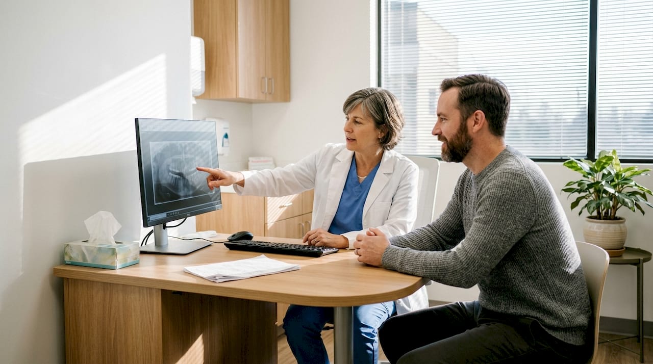 Zahnarzt und Patient betrachten gemeinsam das aktuelle Röntgenbild und besprechen die Befunde.