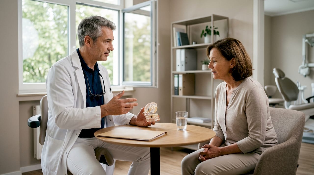 Der Zahnarzt erläutert seiner Patientin anschaulich, wie das Implantat aufgebaut ist und welche Vorteile dieses Modell bietet.