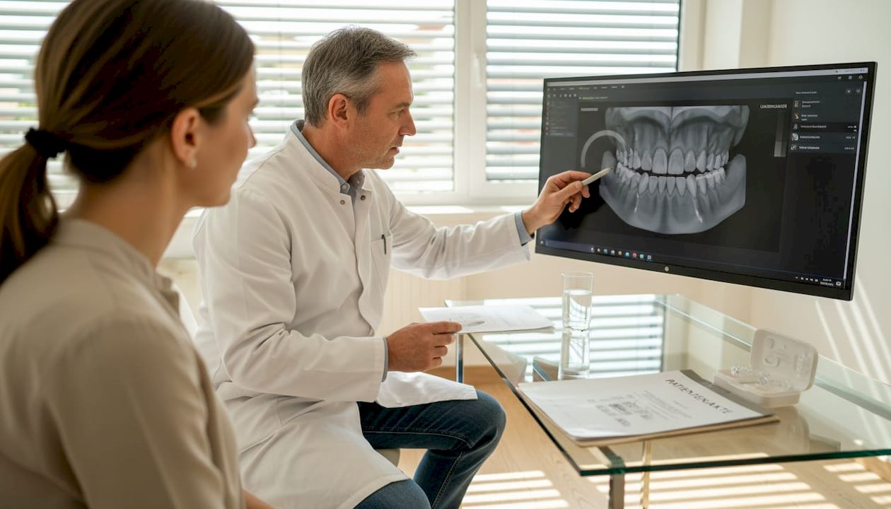Der Zahnarzt nimmt sich Zeit, um seiner Patientin die digitale Analyse ihres Gebisses genau zu erläutern.