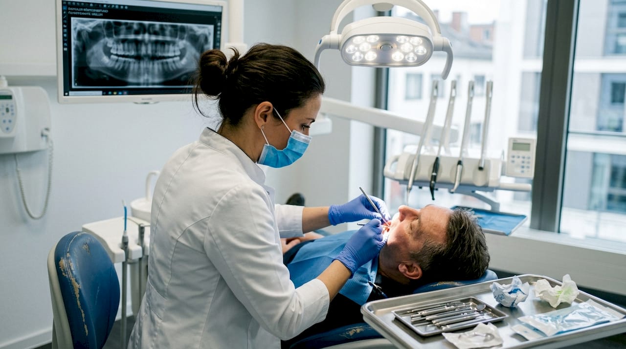 Ein Zahnarzt setzt in einer modernen Praxis ein Implantat ein.