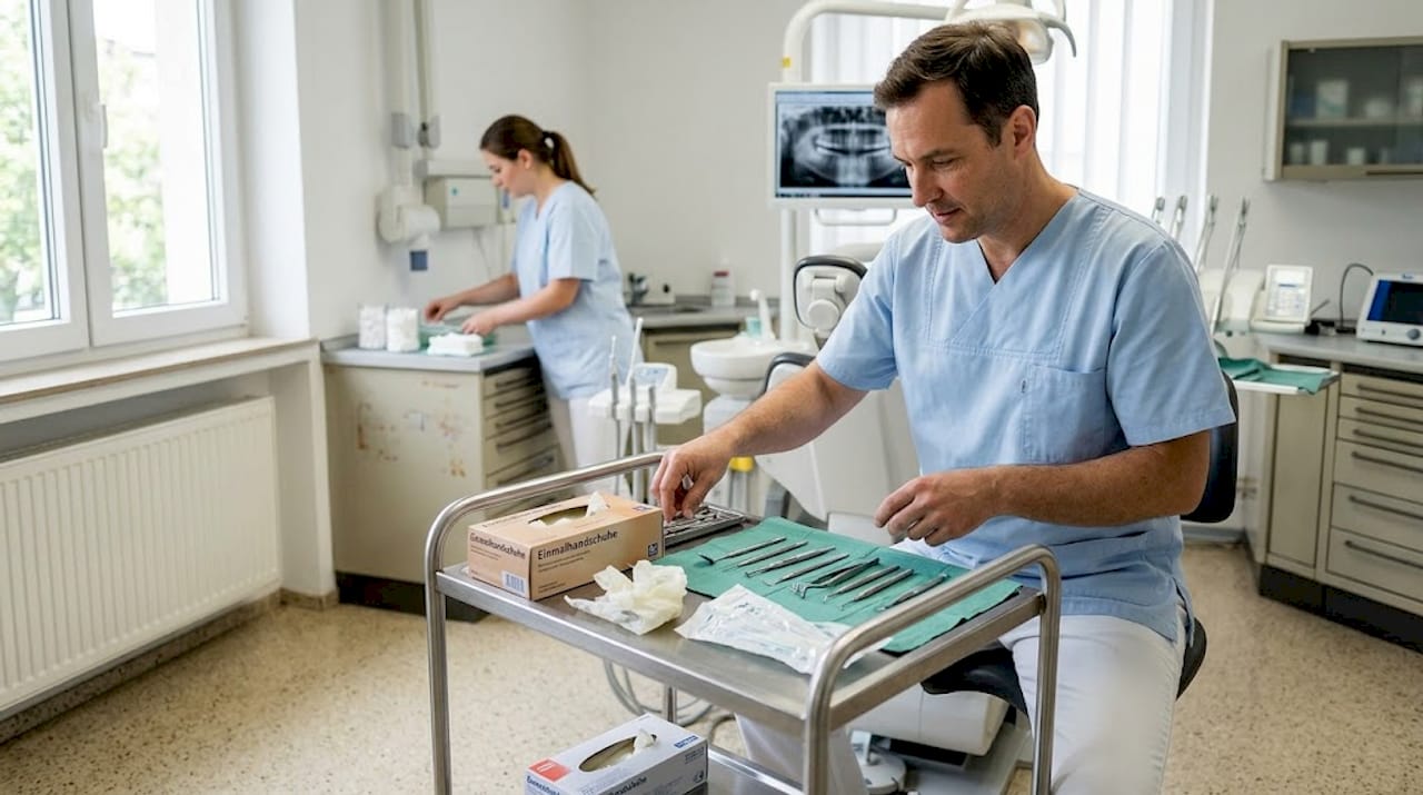 Ein Zahnarzt bereitet im Behandlungsraum sorgfältig seine Instrumente vor.