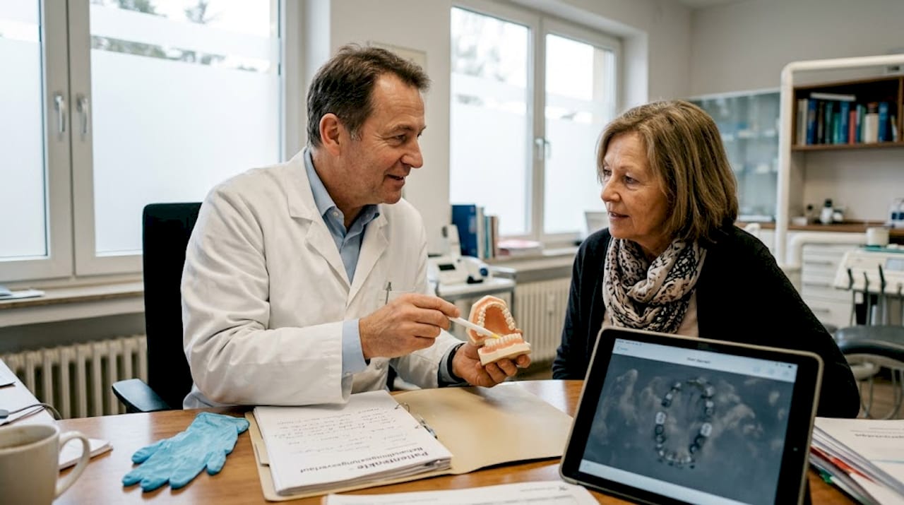 Der Zahnarzt informiert seine Patientin ausführlich über den Ablauf einer Implantatbehandlung.