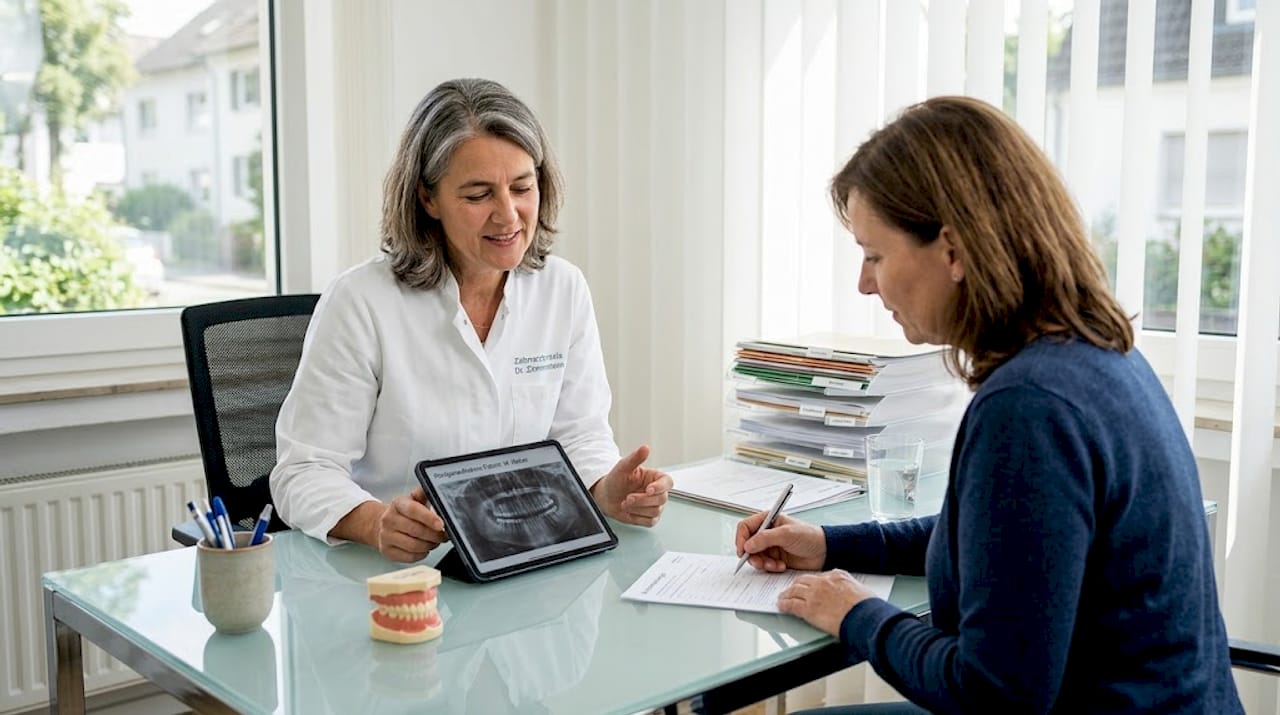 Ein Zahnarztspezialist berät eine Patientin oder einen Patienten ausführlich im Sprechzimmer.