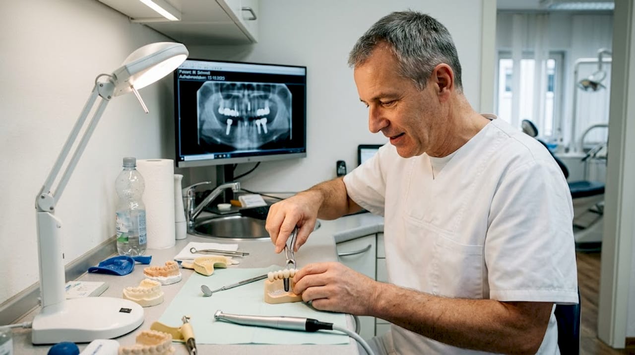 Ein Zahnarzt arbeitet konzentriert an einem Implantat-Modell in seinem Behandlungsraum.