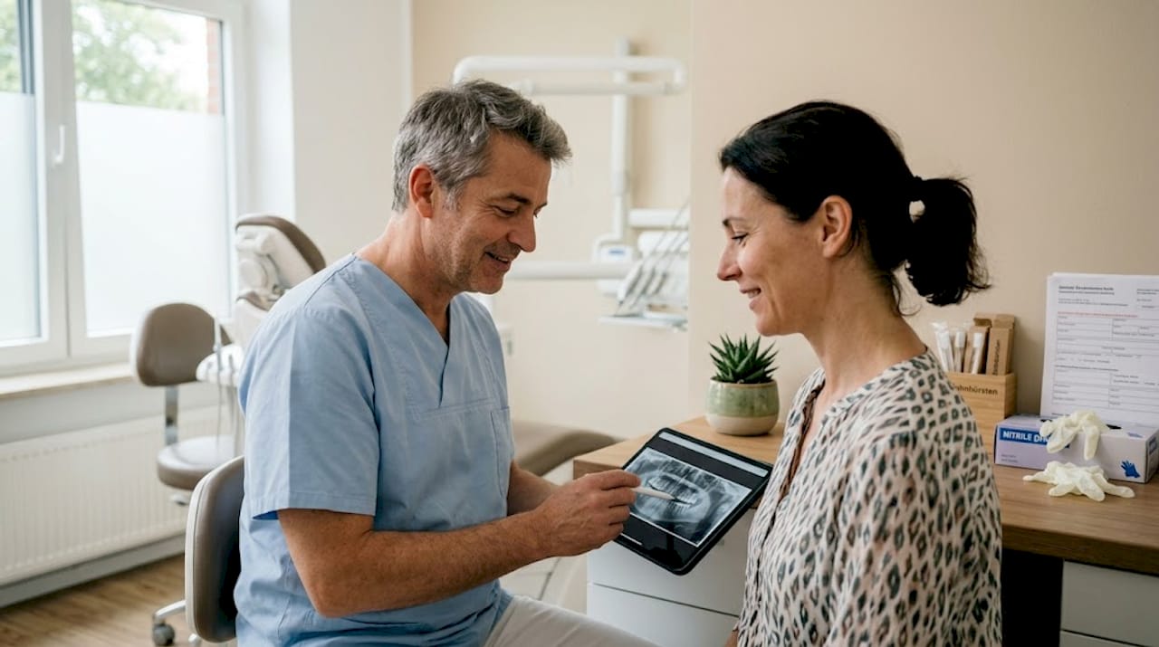 Der Zahnarzt erklärt der Patientin ausführlich die Möglichkeiten eines Zahnimplantats.