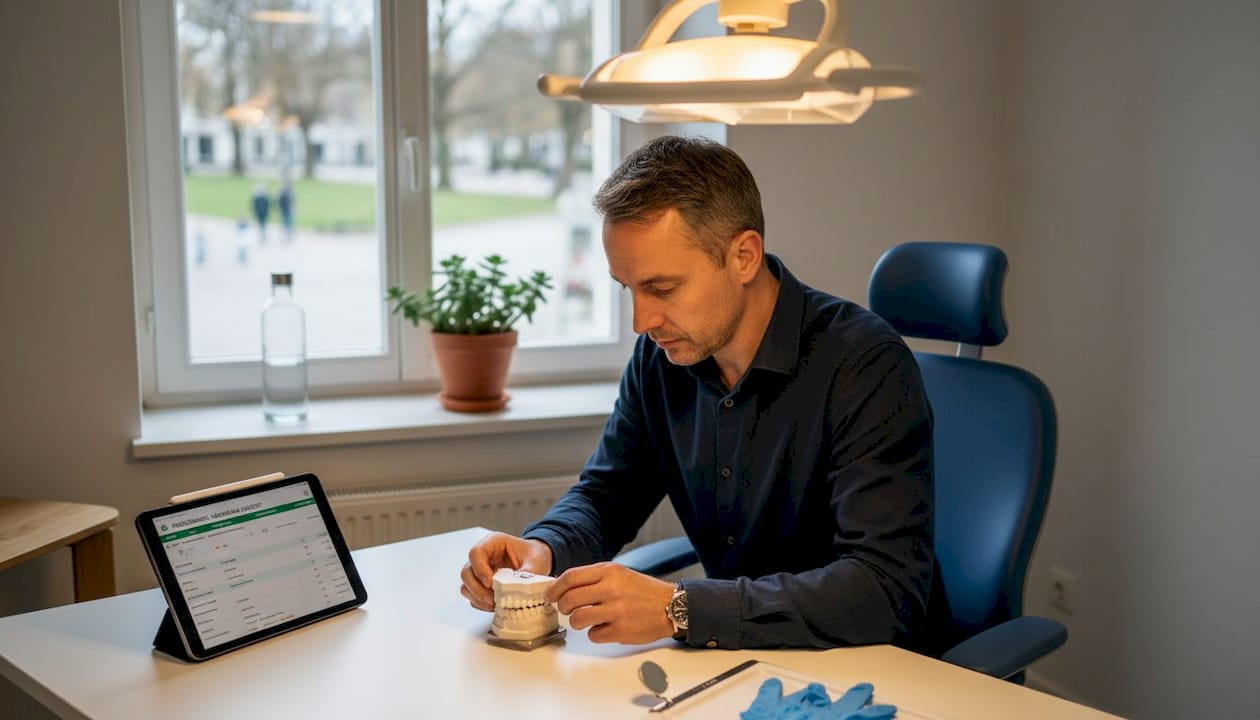 Zahnarzt zeigt Implantat-Modell im Behandlungszimmer