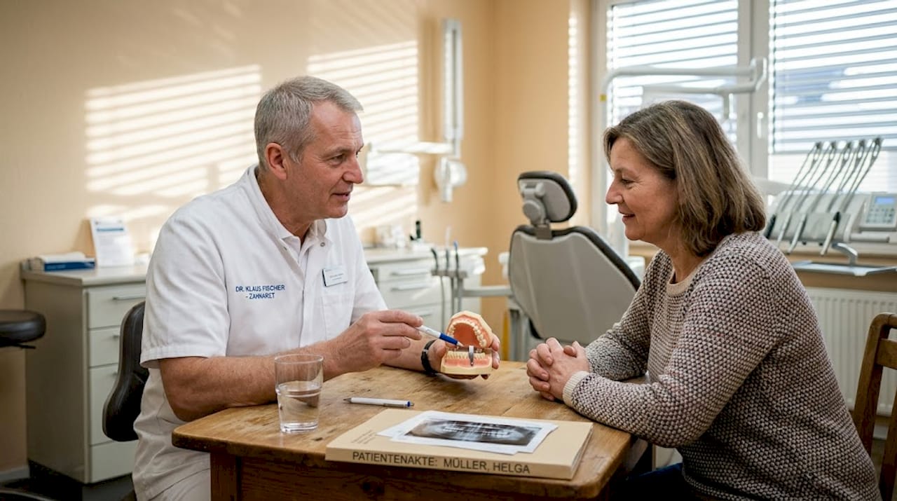 Der Zahnarzt erläutert den Ablauf der geplanten Implantat-Behandlung.