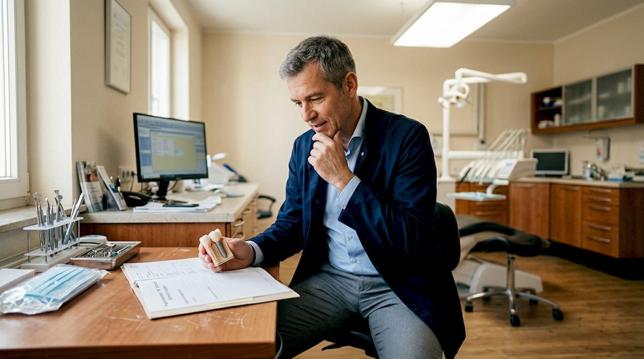 Im Behandlungszimmer kontrolliert der Zahnarzt das eingesetzte Implantat.