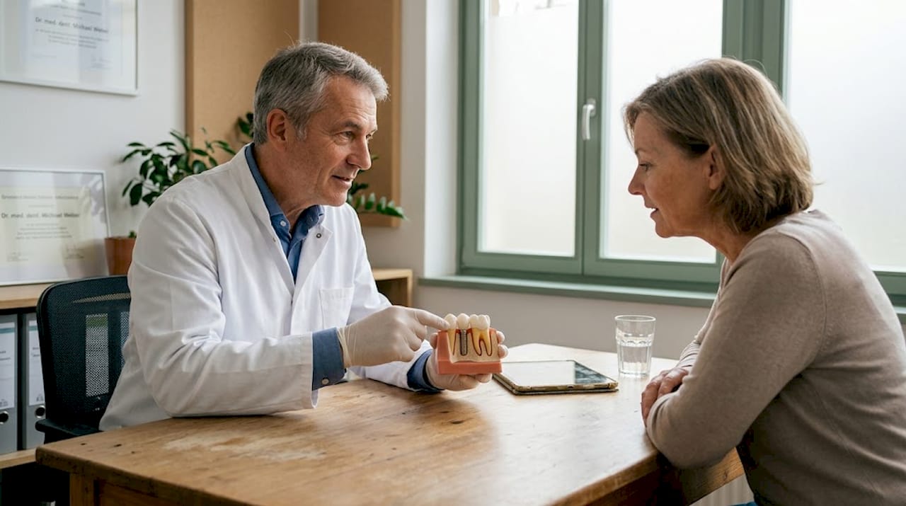 Im persönlichen Gespräch informiert der Zahnarzt seine Patientin ausführlich über die Möglichkeiten von Zahnimplantaten.