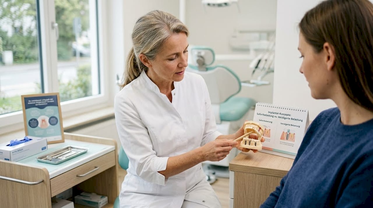Eine Zahnärztin erläutert ihrer Patientin anhand eines Modells die verschiedenen Möglichkeiten für Zahnimplantate.