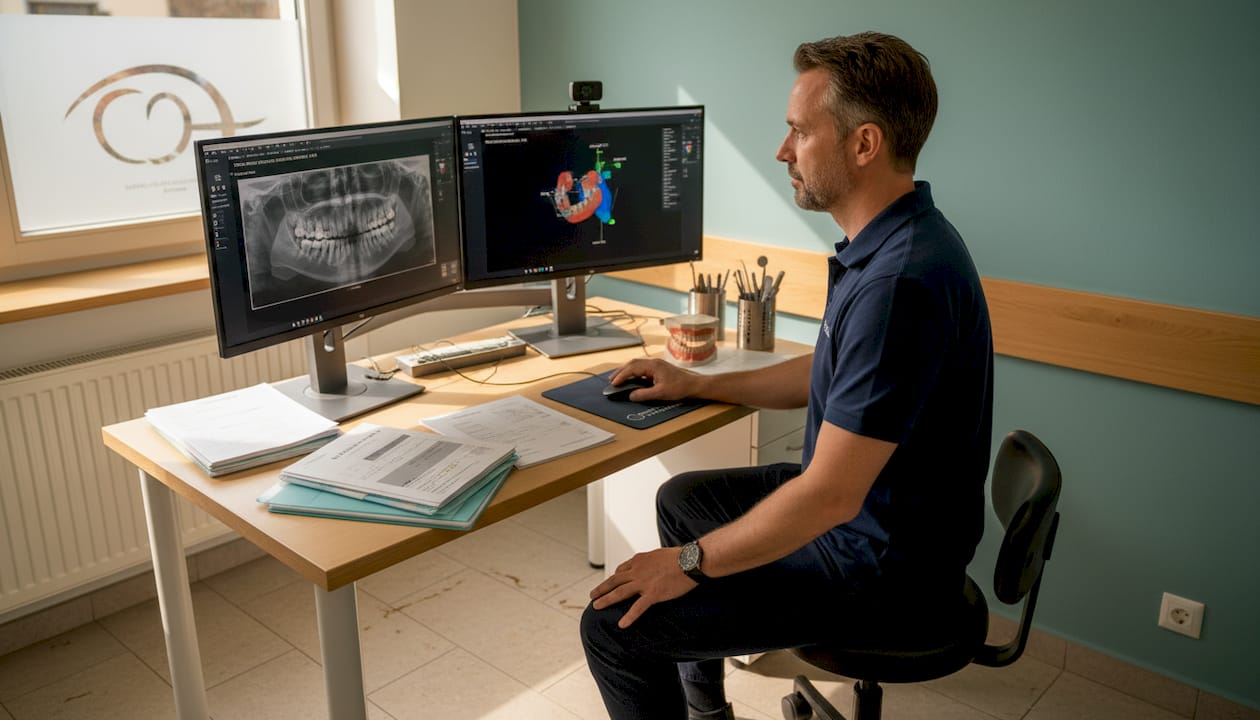 Ein Fachexperte für Zahnmedizin prüft den digitalen Implantat-Plan.