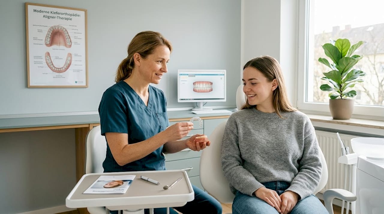 Eine Zahnärztin erklärt ihrer Patientin die Vorteile einer nahezu unsichtbaren Zahnspange.