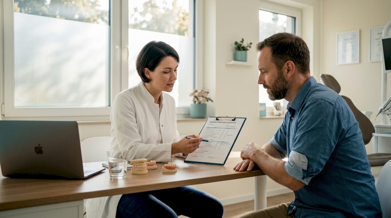 Zahnarzt und Patient besprechen gemeinsam die Kontrollliste für die Zahnbehandlung.