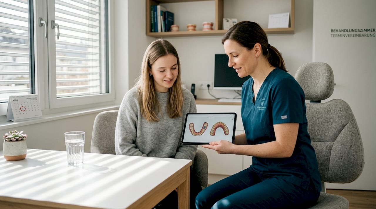 Eine Zahnärztin zeigt ihrem Patienten am Tablet, wie die unsichtbare Zahnschiene funktioniert.