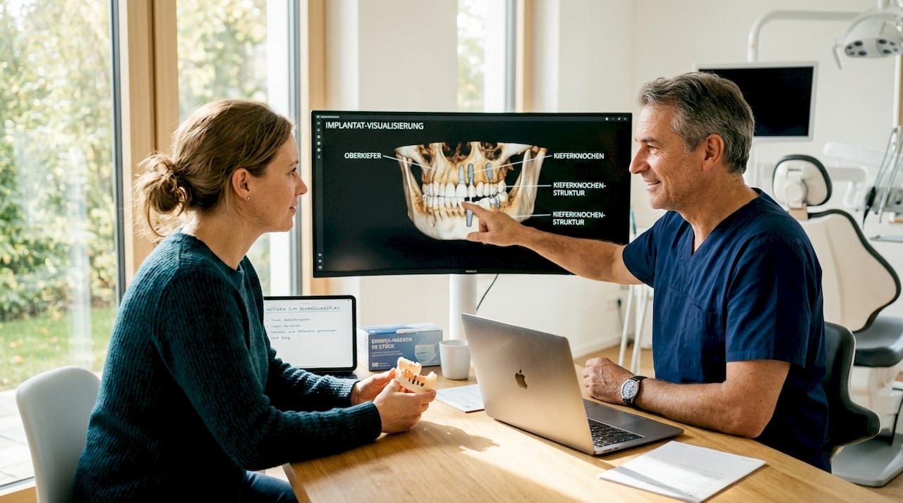 Der Zahnarzt zeigt seiner Patientin am Bildschirm, wie die 3D-Planung für das Implantat aussieht und erklärt ihr Schritt für Schritt das Vorgehen.