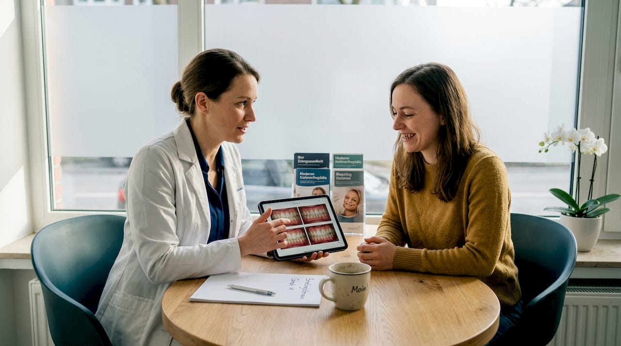 Der Zahnarzt bespricht mit seinem Patienten, wie das Lächeln verbessert werden kann.