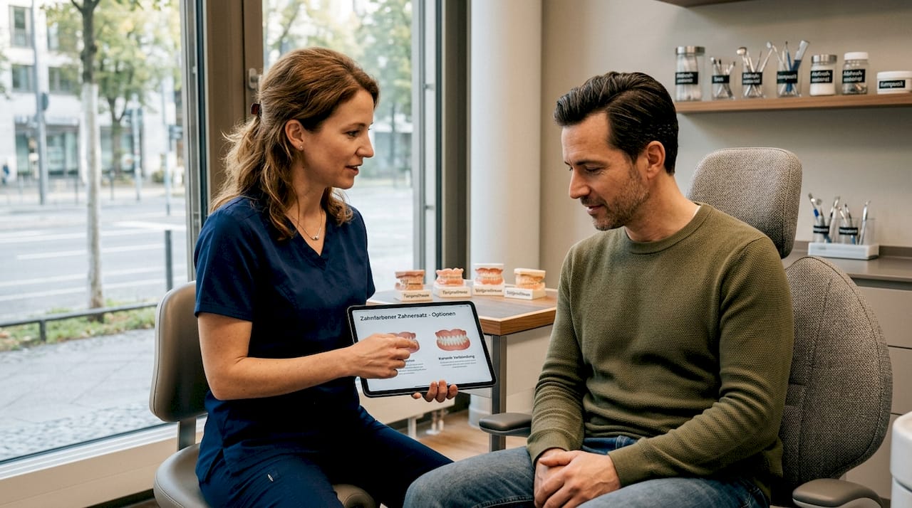 Der Zahnarzt berät eine Patientin in seiner Praxis.